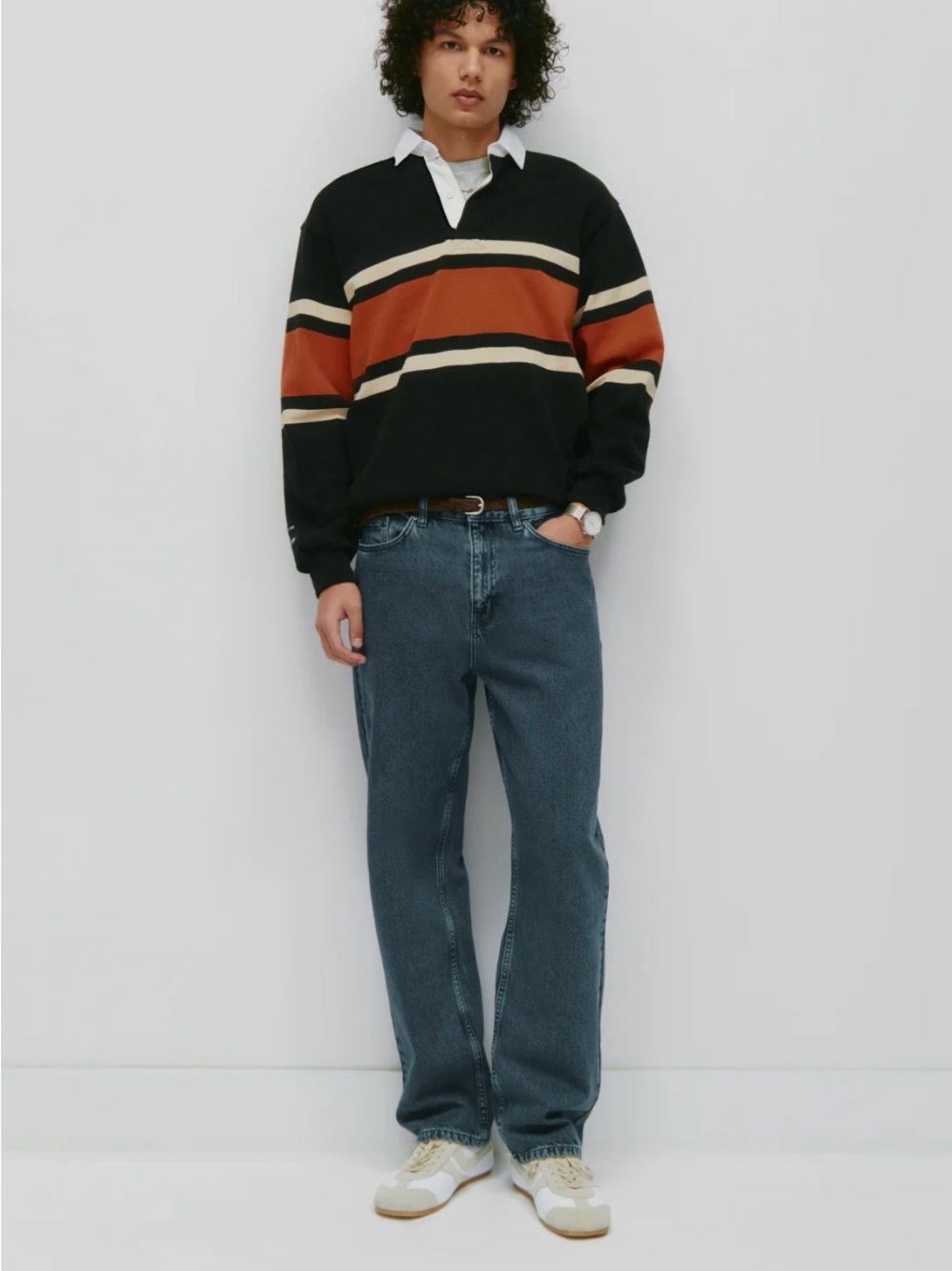 KOTN Black Long Sleeve Rugby Top with Rust and Cream Stripes - Picture 4 of 7
